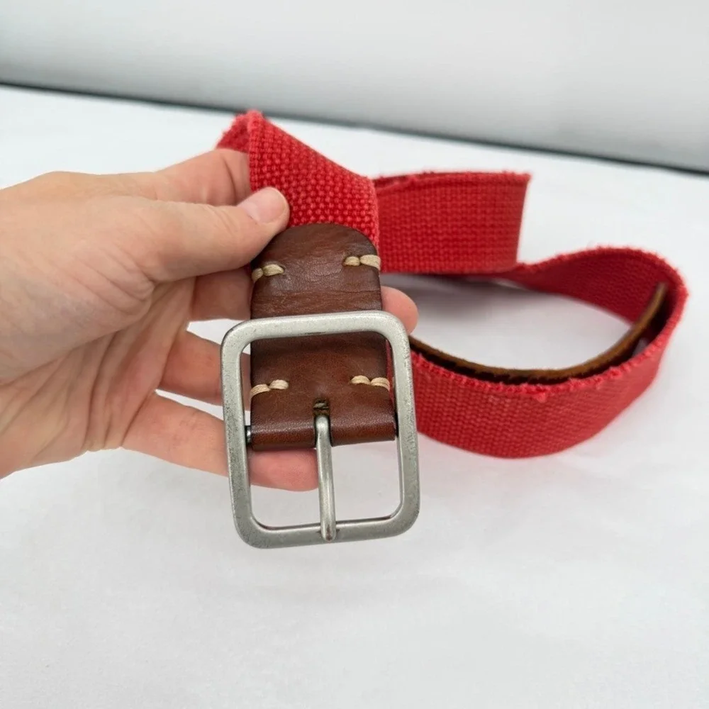 Express Belt Canvas Leather Trim Solid Brass Buckle Casual Mens Unisex Size 38*